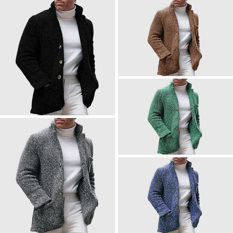 Men's Chunky Knit Cardigan with Stand-Up Collar