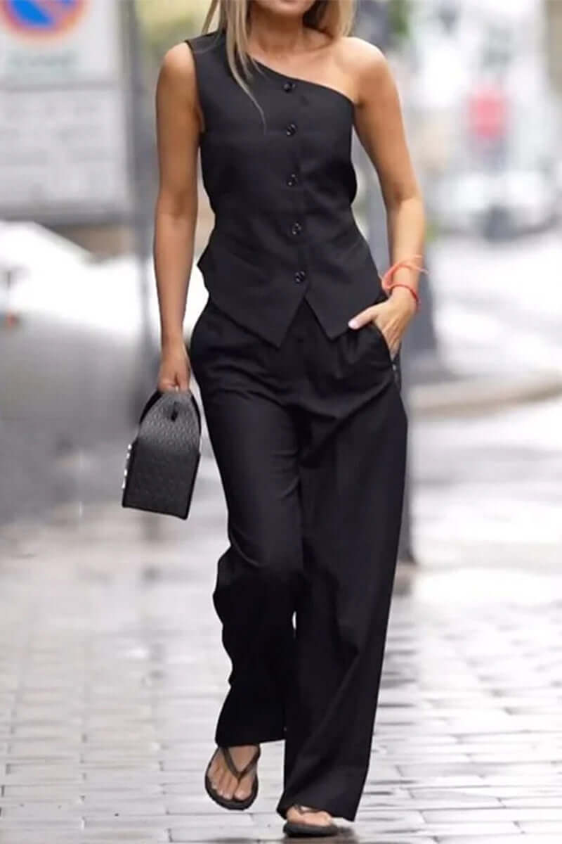 Women's Sleeveless Asymmetric Top and High-Waisted Pants