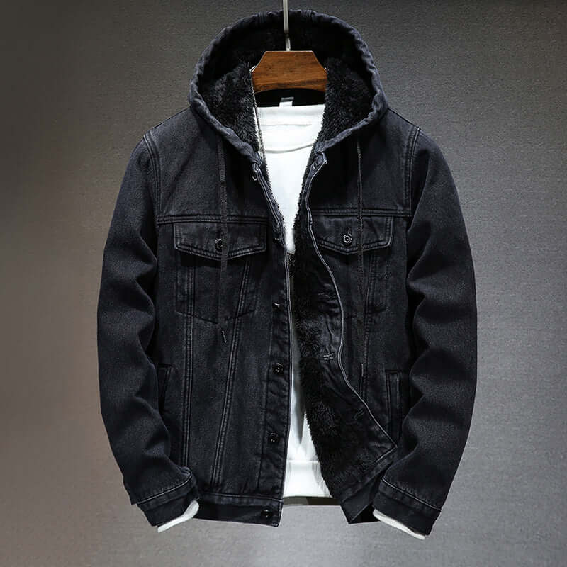 Men's Winter Denim Jacket with Faux Lambskin Lining