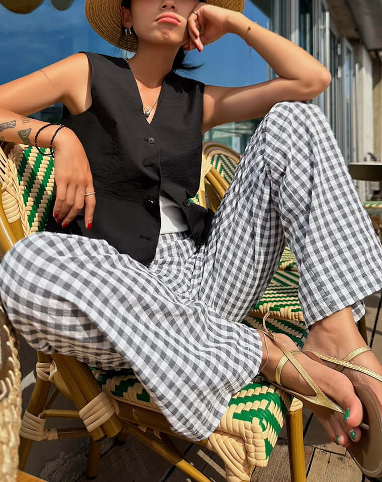 Women's Gingham Wide-Leg Trousers