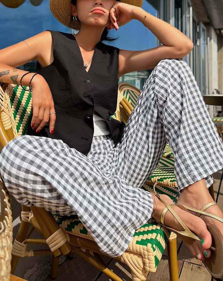 Women's Gingham Wide-Leg Trousers