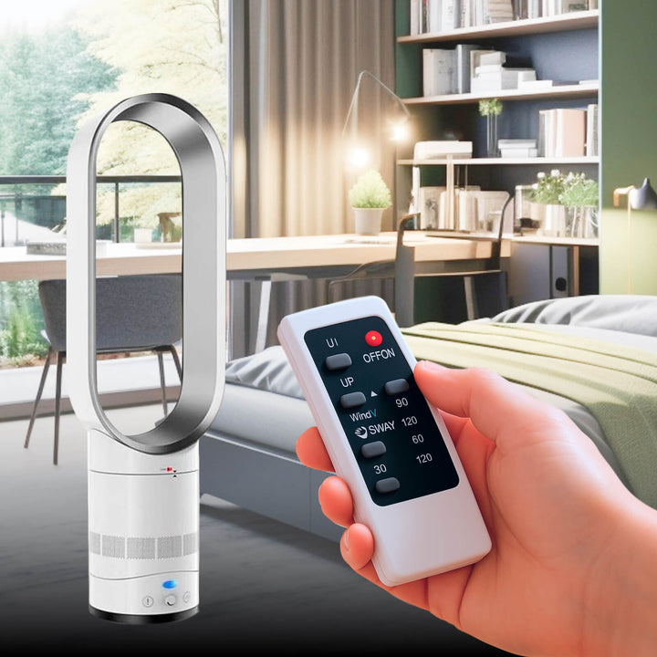 "16 Inch bladeless fan with remote, elegant bladeless design, safe for homes with kids and pets, modern home decor"