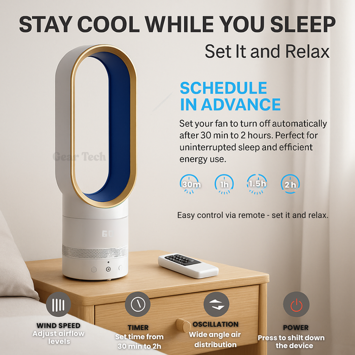 "16 Inch bladeless fan with remote, elegant bladeless design, safe for homes with kids and pets, modern home decor"