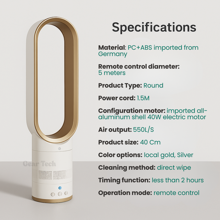 "16 Inch bladeless fan with remote, elegant bladeless design, safe for homes with kids and pets, modern home decor"