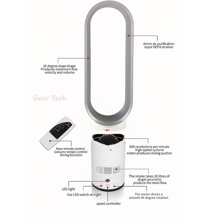 "16 Inch bladeless fan with remote, elegant bladeless design, safe for homes with kids and pets, modern home decor"