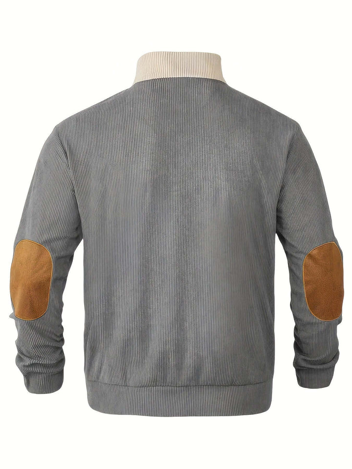 Men's Ribbed Quarter Button Sweater with Elbow Patches