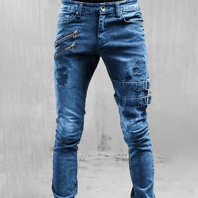 Men's Skinny Ripped Biker Jeans with Buckles