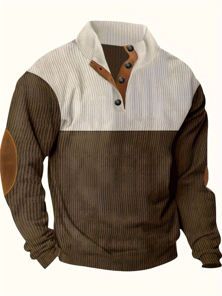 Men's Ribbed Quarter Button Sweater with Elbow Patches