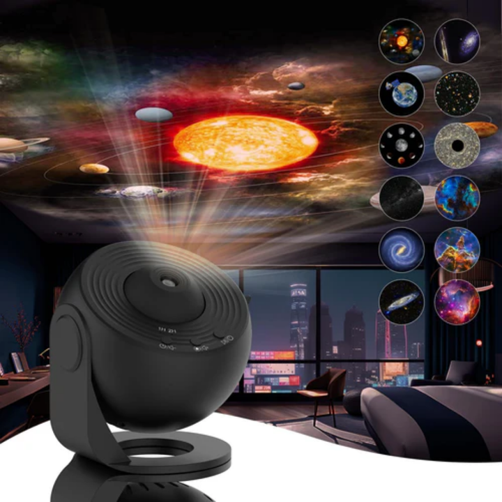 "360° rotation home planetarium galaxy projector casts stars, nebulae, galaxies on walls, for ambient, soothing decor."