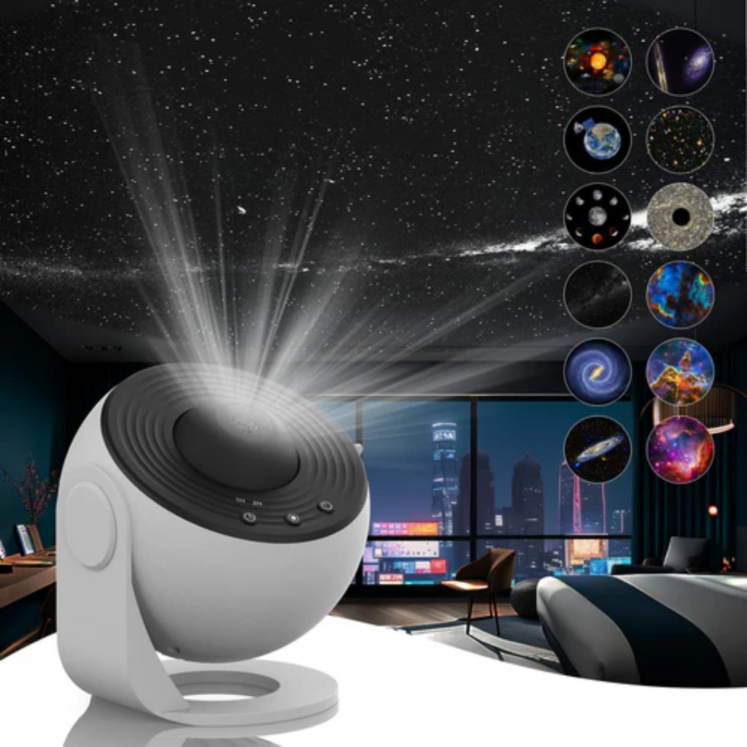 "360° rotation home planetarium galaxy projector casts stars, nebulae, galaxies on walls, for ambient, soothing decor."