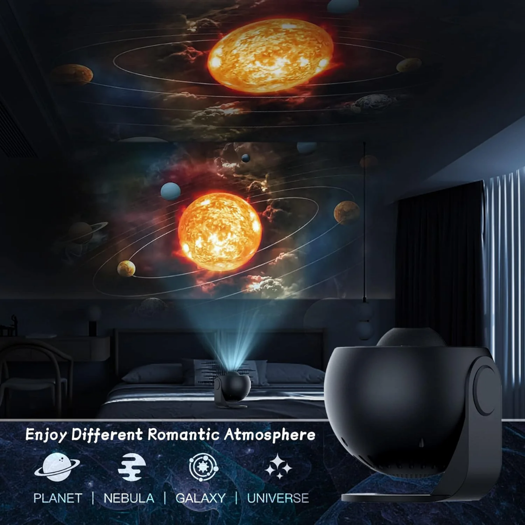 "360° rotation home planetarium galaxy projector casts stars, nebulae, galaxies on walls, for ambient, soothing decor."