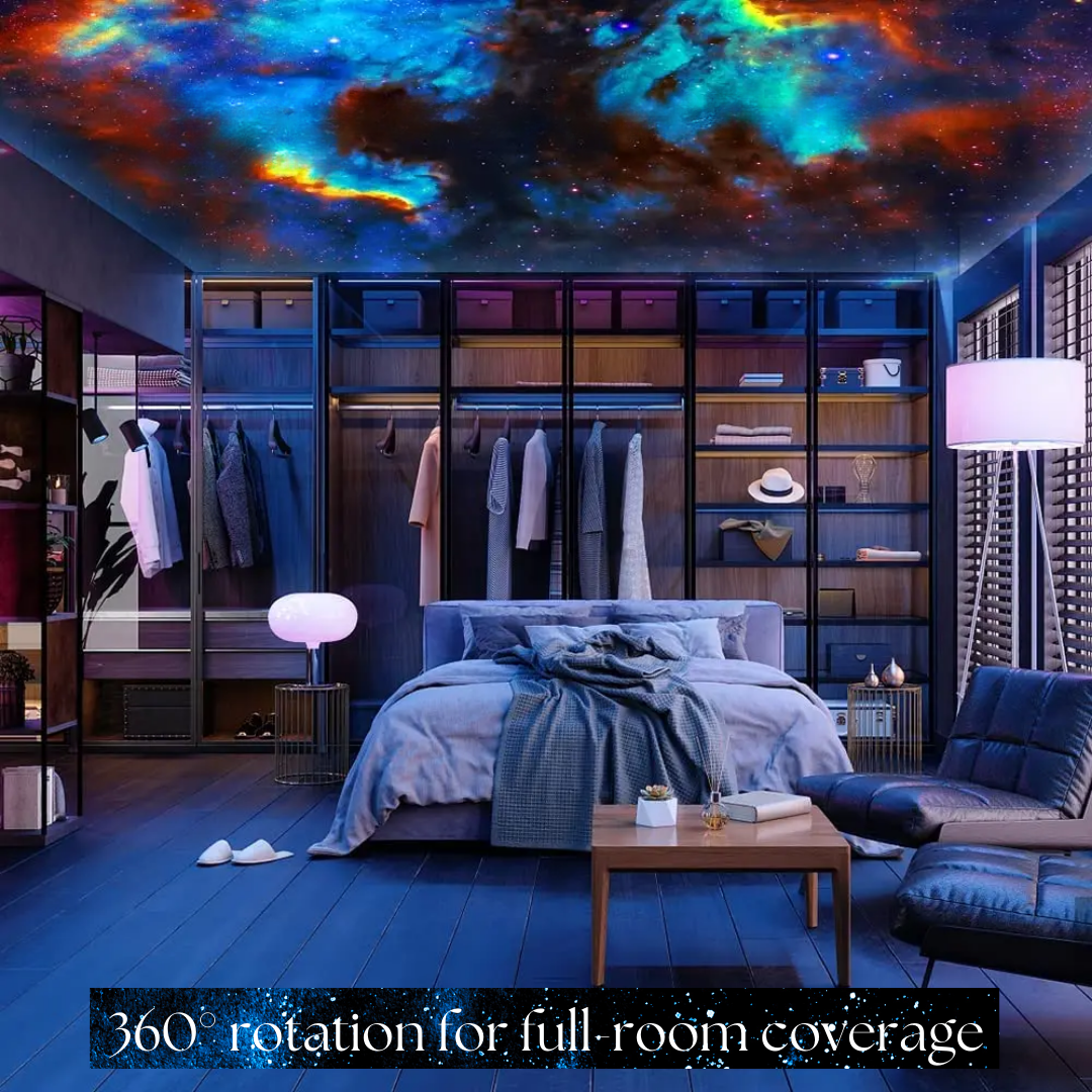 "360° rotation home planetarium galaxy projector casts stars, nebulae, galaxies on walls, for ambient, soothing decor."