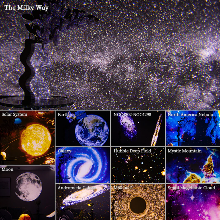 "360° rotation home planetarium galaxy projector casts stars, nebulae, galaxies on walls, for ambient, soothing decor."