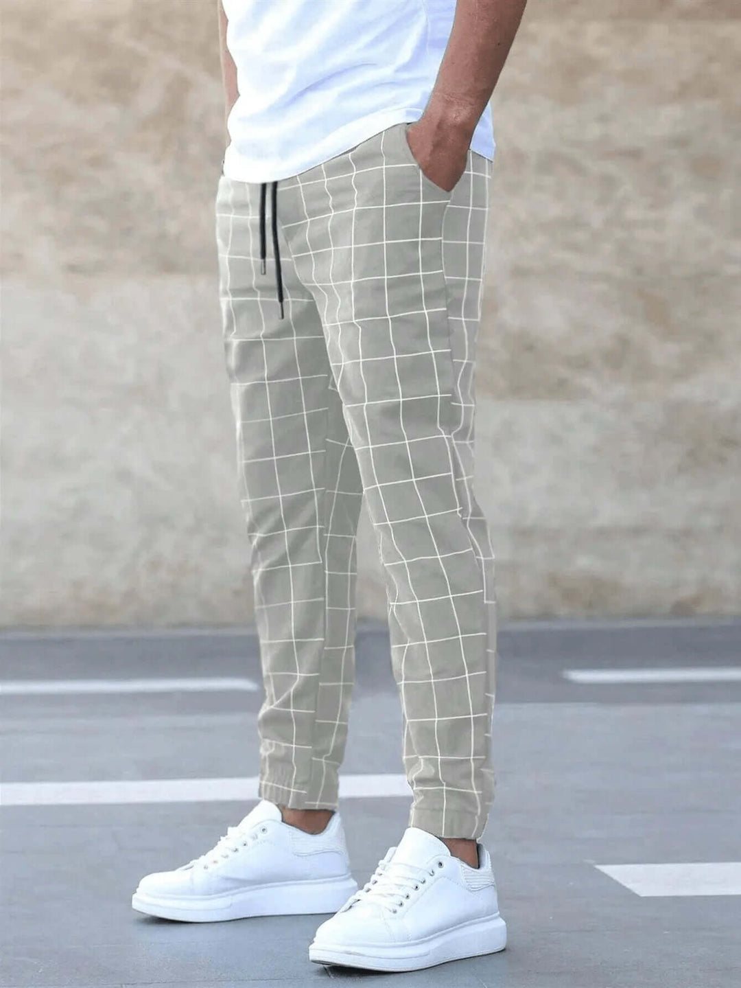 Men's Slim Fit Joggers: Grid Pattern, Elastic Waistband