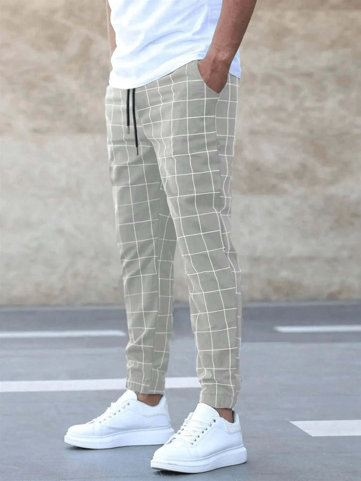Men's Slim Fit Joggers: Grid Pattern, Elastic Waistband