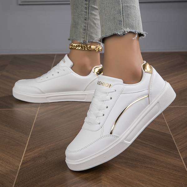 Women's White Leather Trainers with Metallic Accents