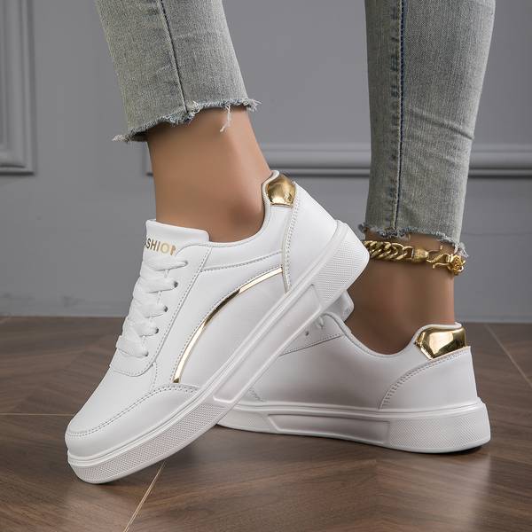 Women's White Leather Trainers with Metallic Accents