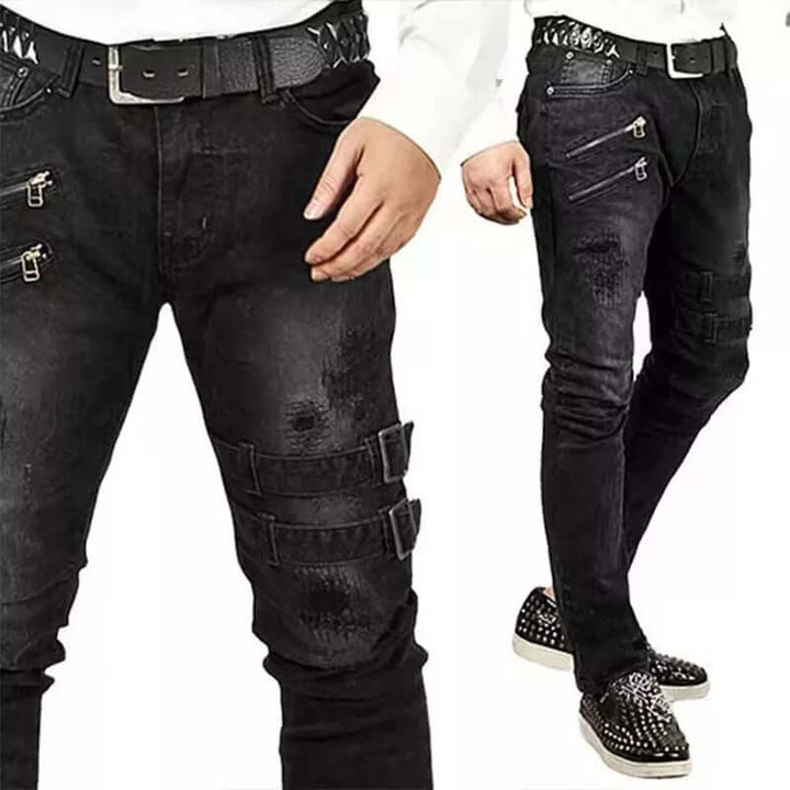 Men's Skinny Ripped Biker Jeans with Buckles