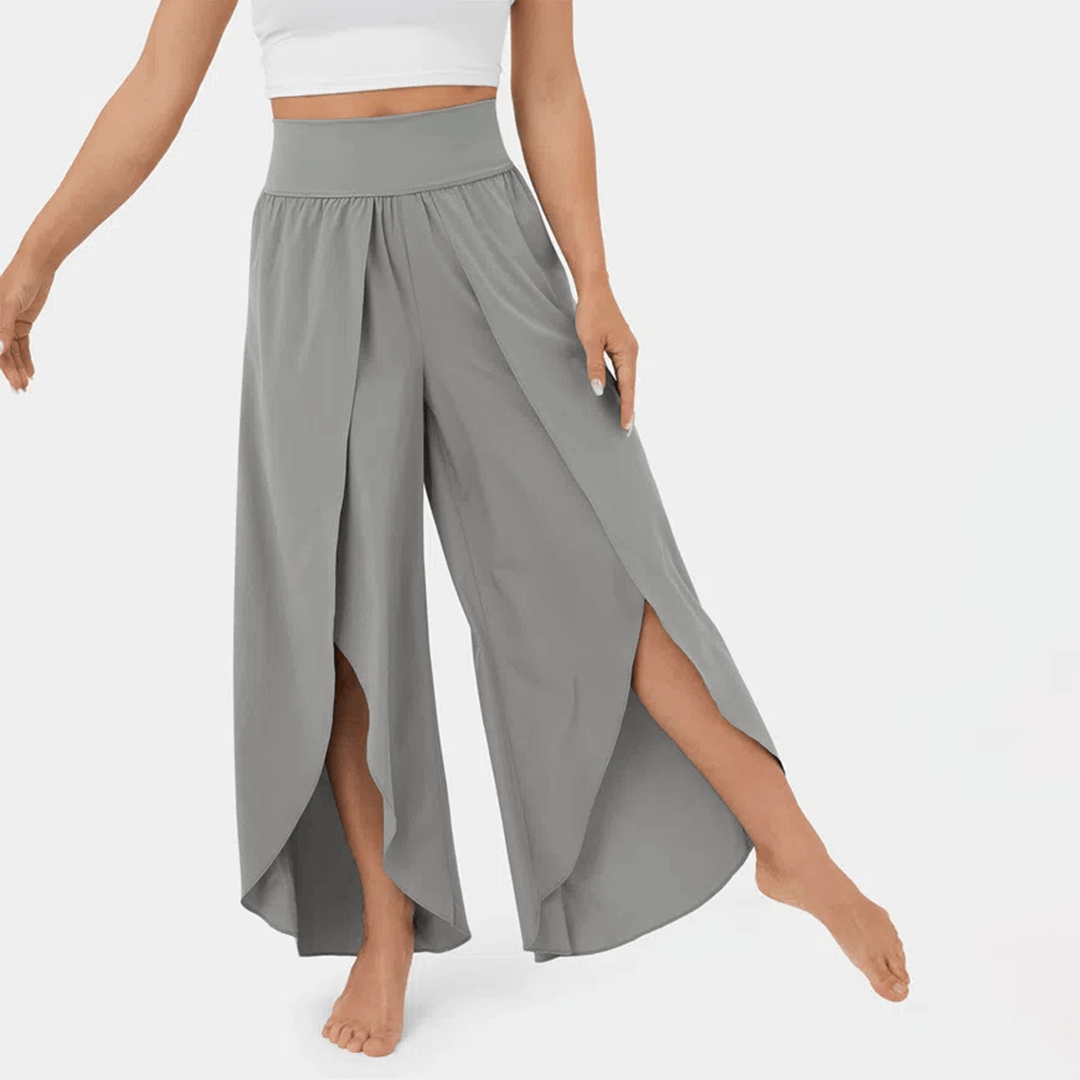 Flared Casual Trousers - High-Waisted Split Hem