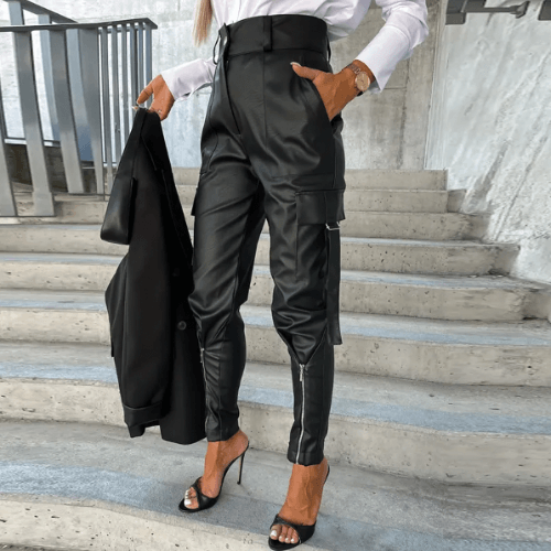 Women's Slim Fit PU Leather Cargo Trousers