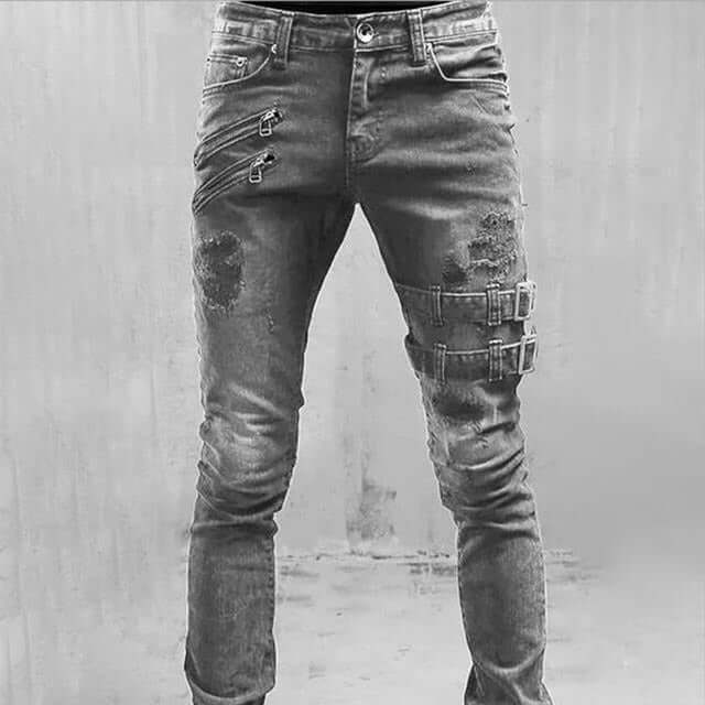Men's Skinny Ripped Biker Jeans with Buckles