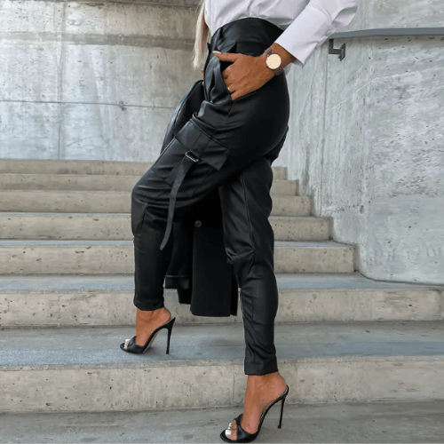 Women's Slim Fit PU Leather Cargo Trousers