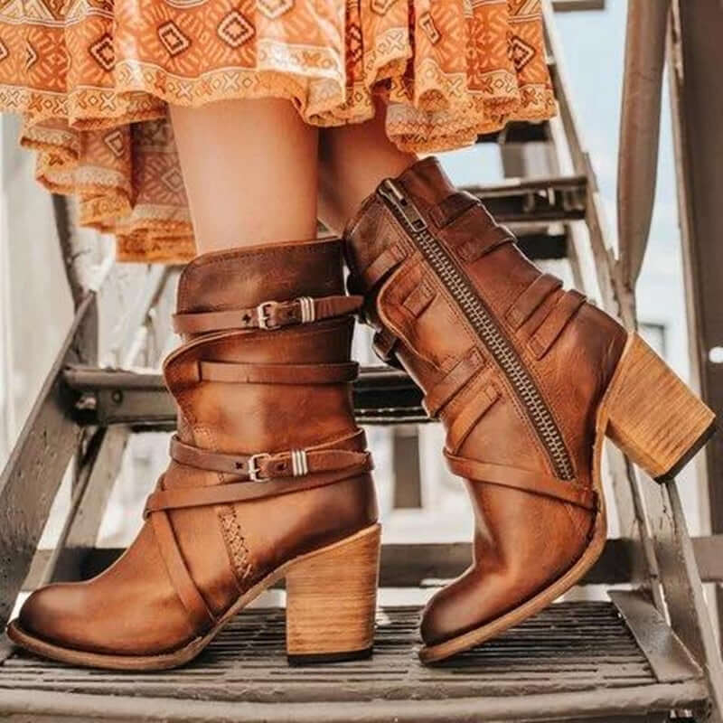 Women's Leather Ankle Boots with Buckle Straps and Block Heel