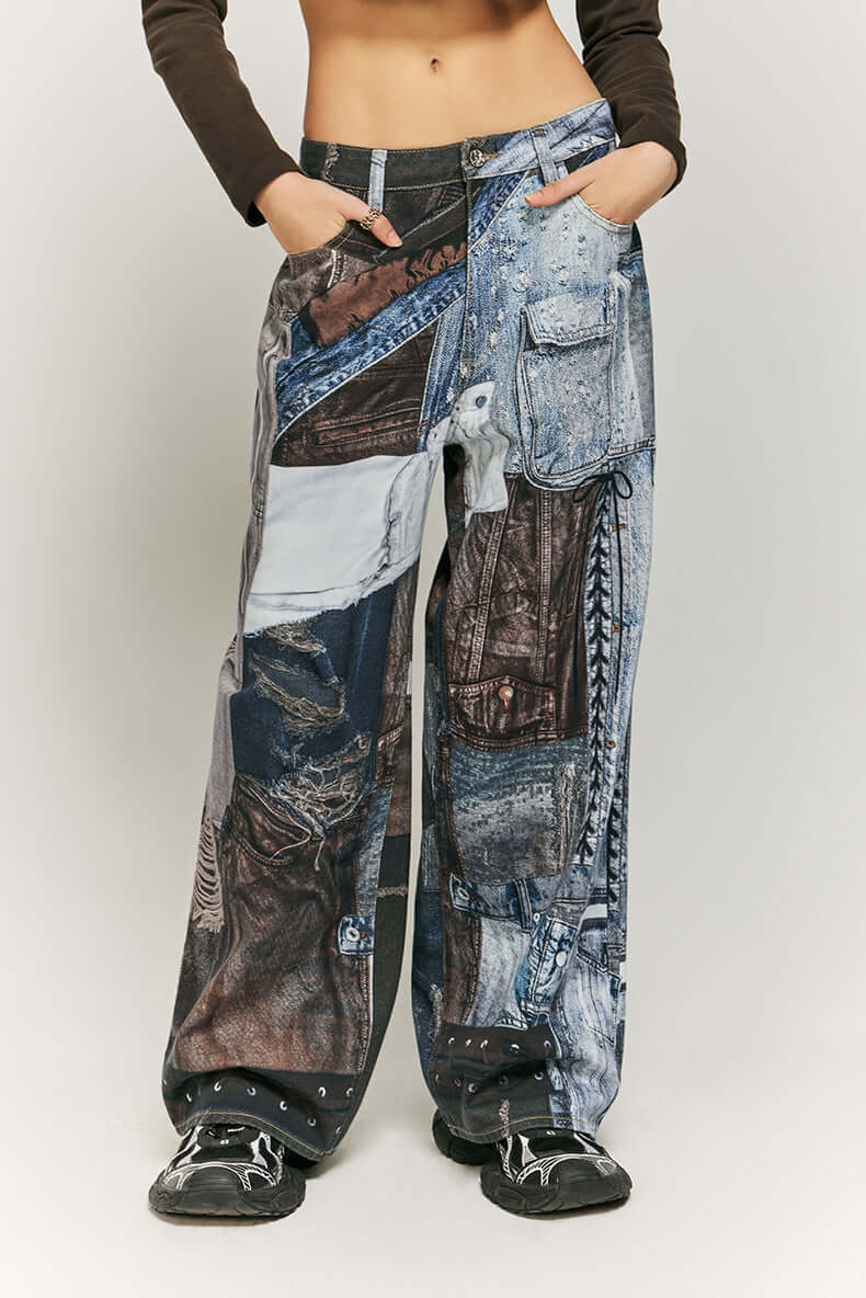 Women's Wide Leg Patchwork Print Trousers