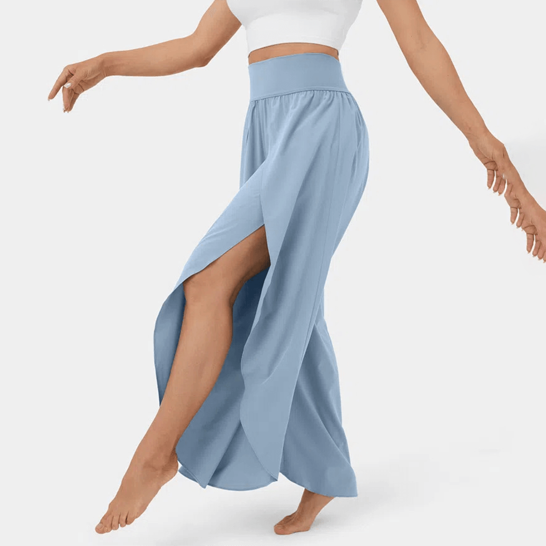 Flared Casual Trousers - High-Waisted Split Hem