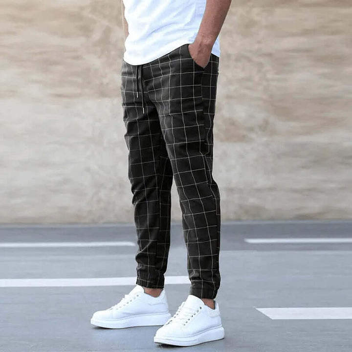 Men's Slim Fit Joggers: Grid Pattern, Elastic Waistband