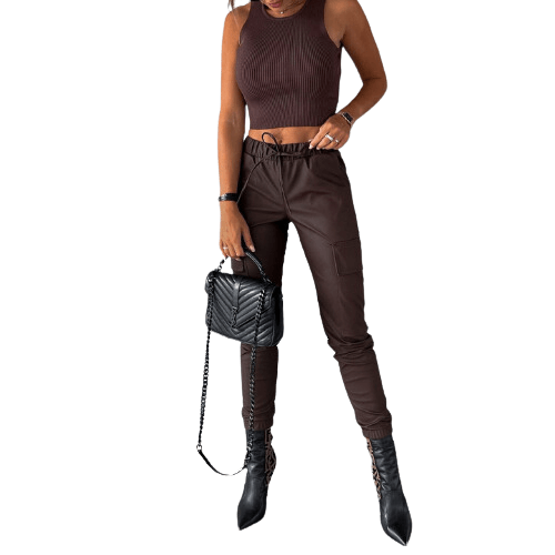 Women's Slim Fit PU Leather Cargo Trousers
