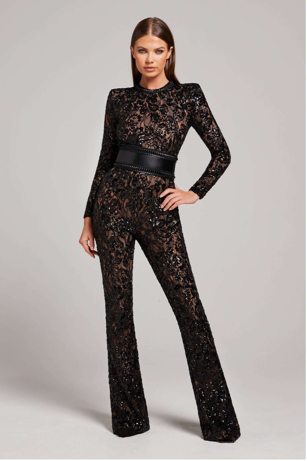 Sequin Lace Jumpsuit - Long Sleeve - Fitted