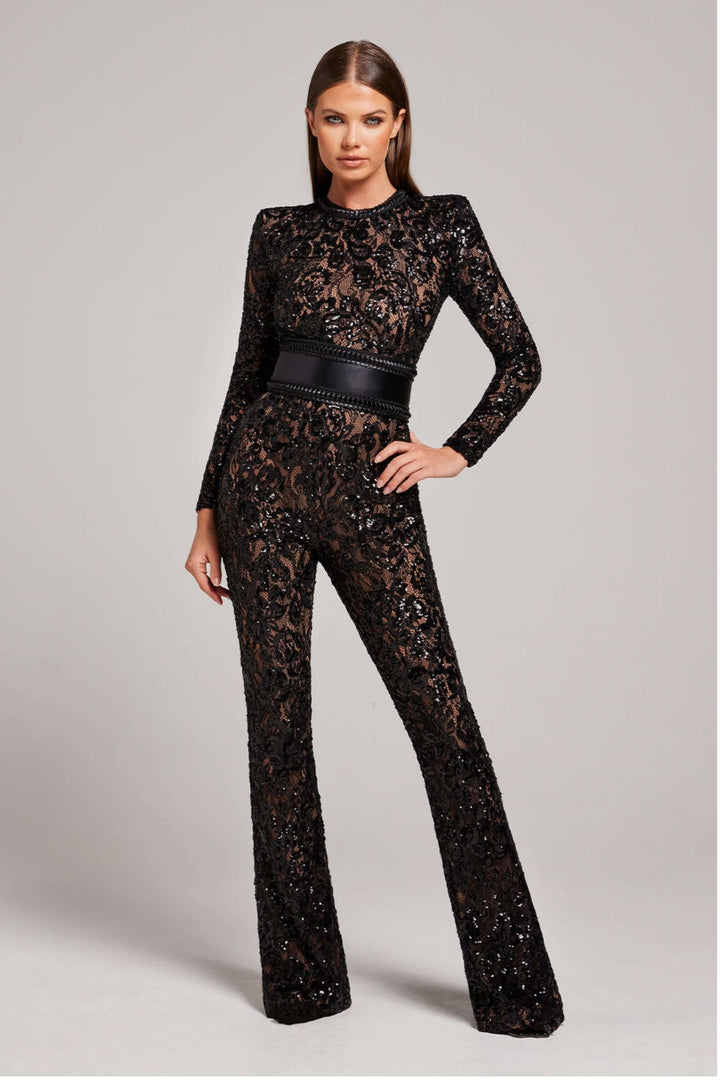 Sequin Lace Jumpsuit - Long Sleeve - Fitted
