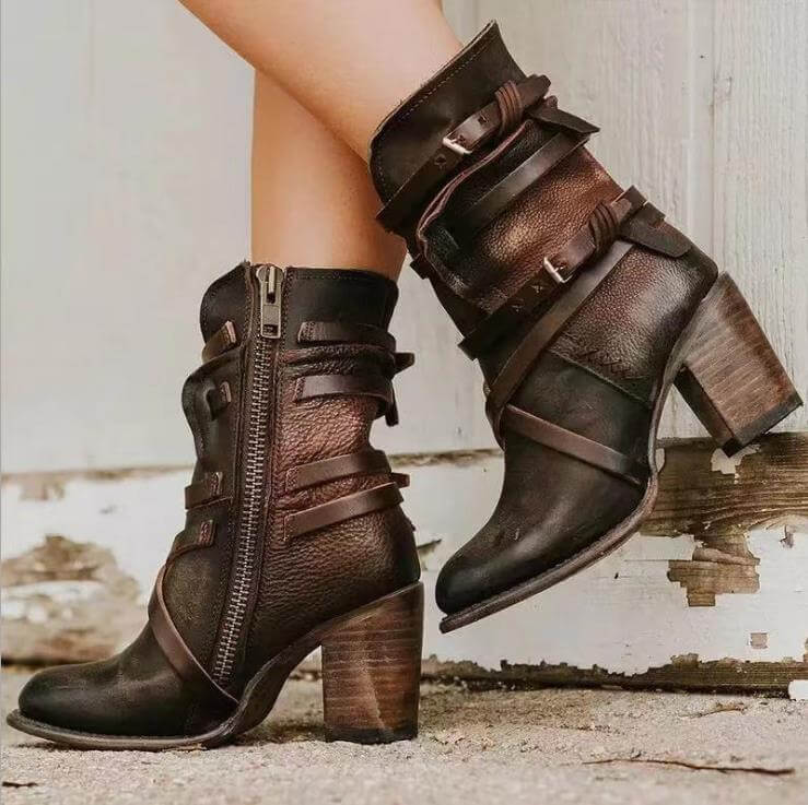 Women's Leather Ankle Boots with Buckle Straps and Block Heel