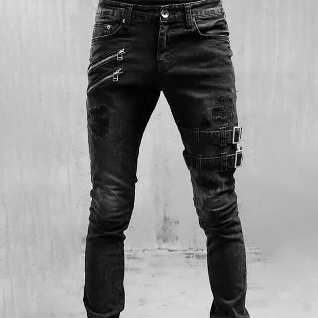 Men's Skinny Ripped Biker Jeans with Buckles