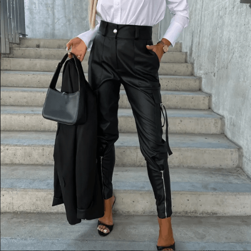 Women's Slim Fit PU Leather Cargo Trousers