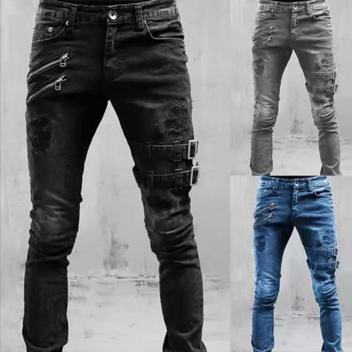 Men's Skinny Ripped Biker Jeans with Buckles