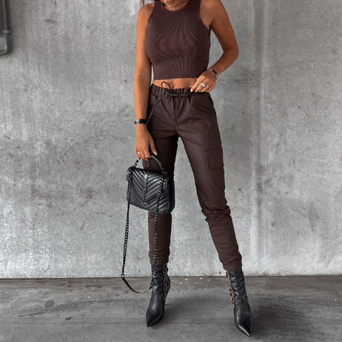 Women's Slim Fit PU Leather Cargo Trousers