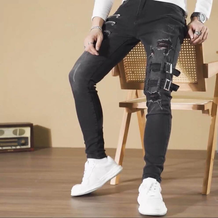 Men's Skinny Ripped Biker Jeans with Buckles