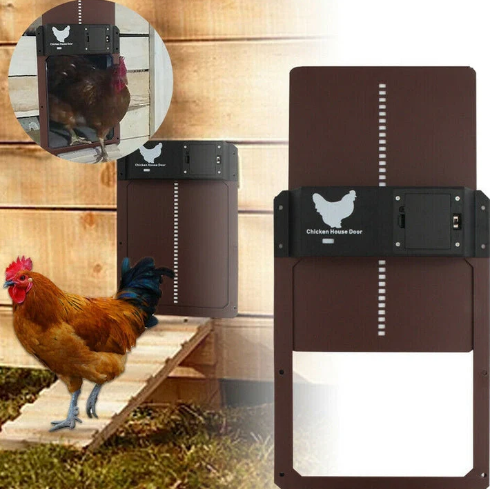 "Automatic chicken coop door system, solar/battery powered, brown variant, durable design, predator-proof, easy installation.