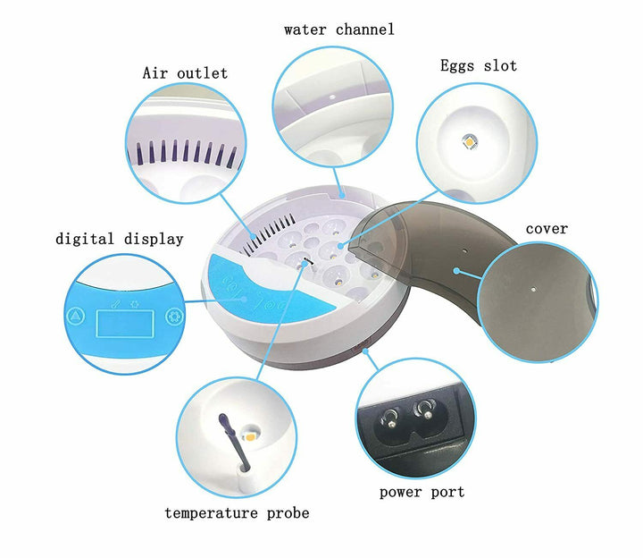 "Automatic LED egg incubator with temperature control, featuring digital display and eco-friendly ABS materials."