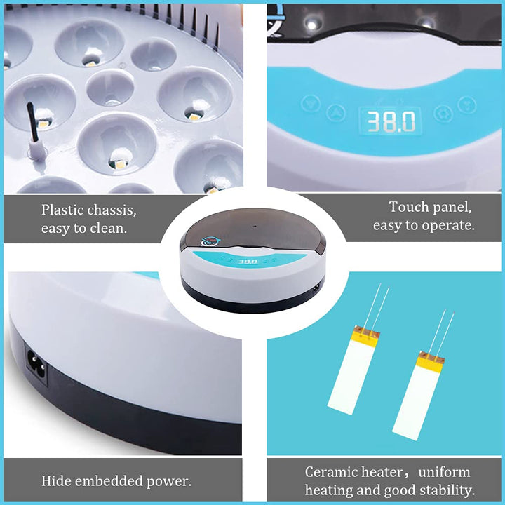 "Automatic LED egg incubator with temperature control, featuring digital display and eco-friendly ABS materials."