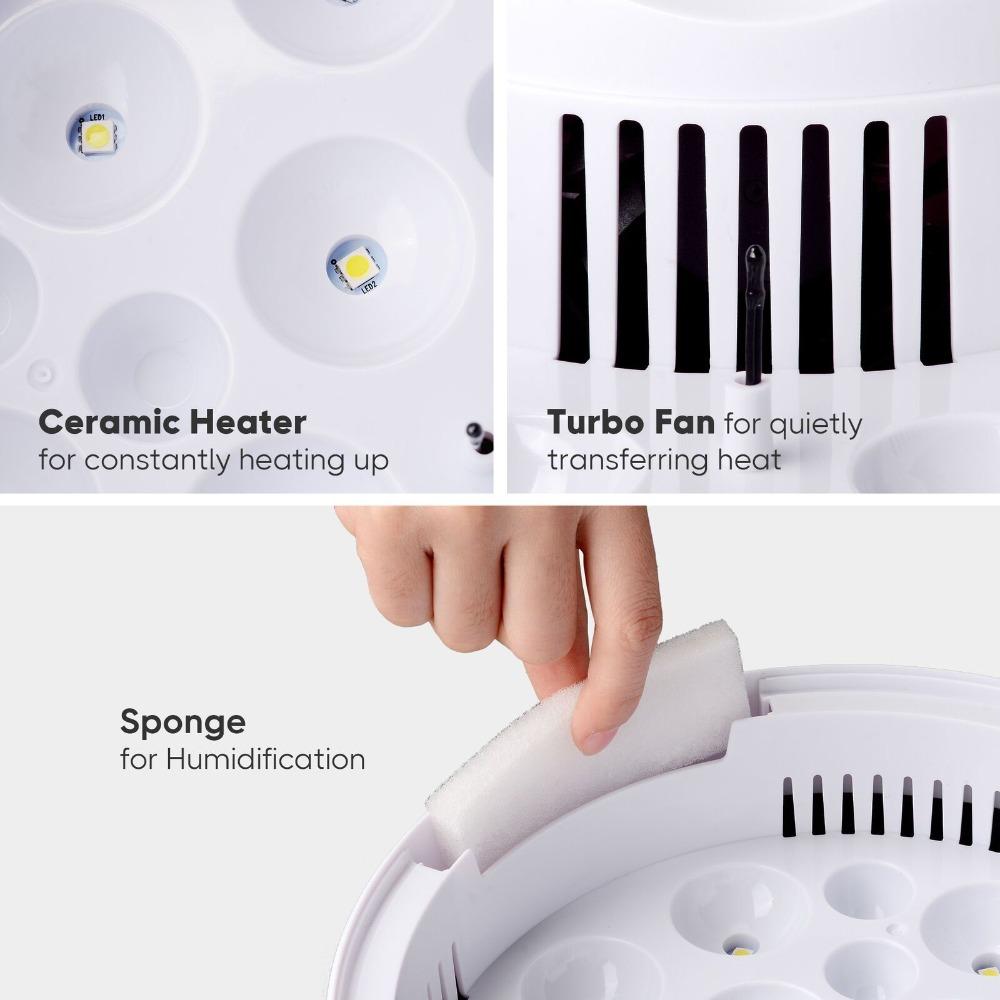 "Automatic LED egg incubator with temperature control, featuring digital display and eco-friendly ABS materials."