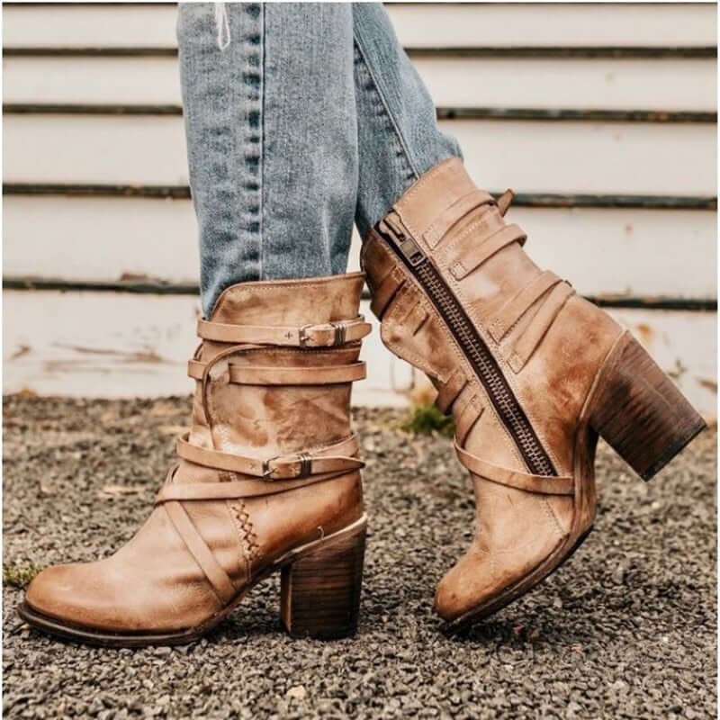 Women's Leather Ankle Boots with Buckle Straps and Block Heel