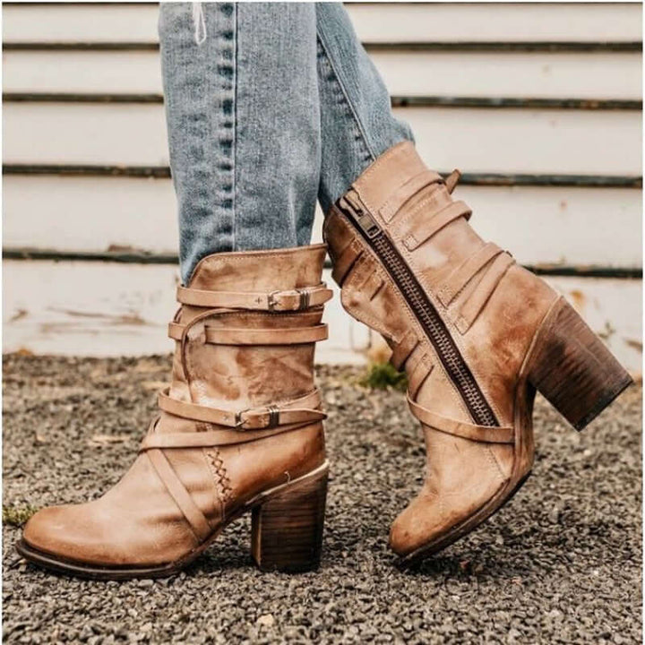 Women's Leather Ankle Boots with Buckle Straps and Block Heel