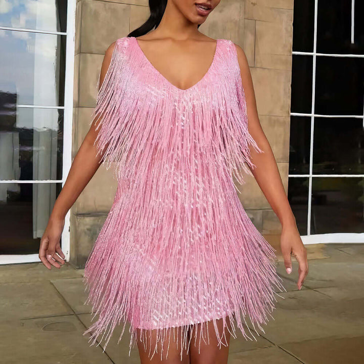 Women's Sleeveless V-Neck Fringe Flapper Dress