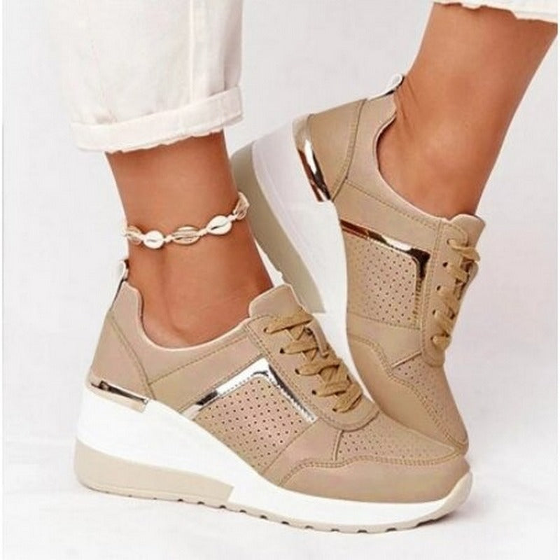 "Beige breathable leather women's shoes, sleek and trendy for everyday wear, perfect for matching any outfit."