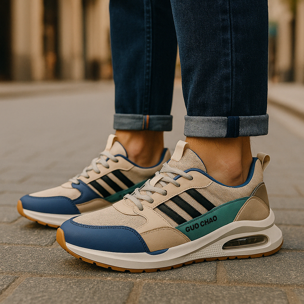 "Beige, green, orange retro men's sneakers with vintage style, cushioned insole, and durable materials for versatile wear."