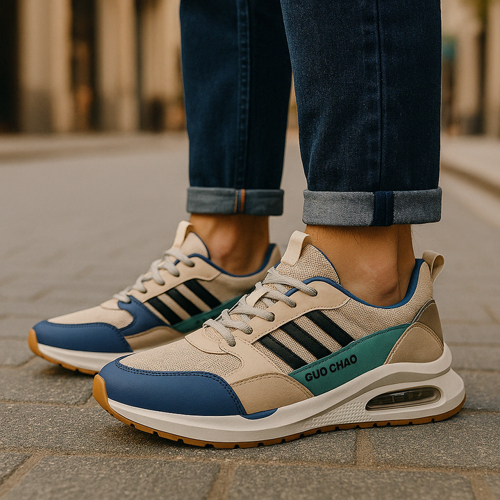 "Beige, green, orange retro men's sneakers with vintage style, cushioned insole, and durable materials for versatile wear."