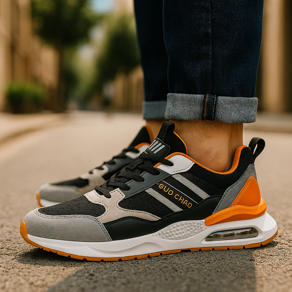 "Beige, green, orange retro men's sneakers with vintage style, cushioned insole, and durable materials for versatile wear."